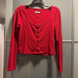Madewell Red Ribbed Button-Front Long-Sleeve Crop Top